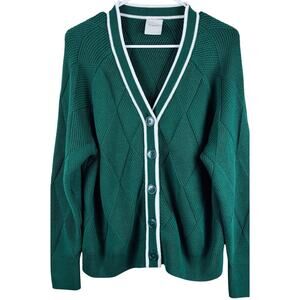 NWOT Varley Sz M Dorset Relaxed Knit Cardigan Kelly Green White trim Full Btn